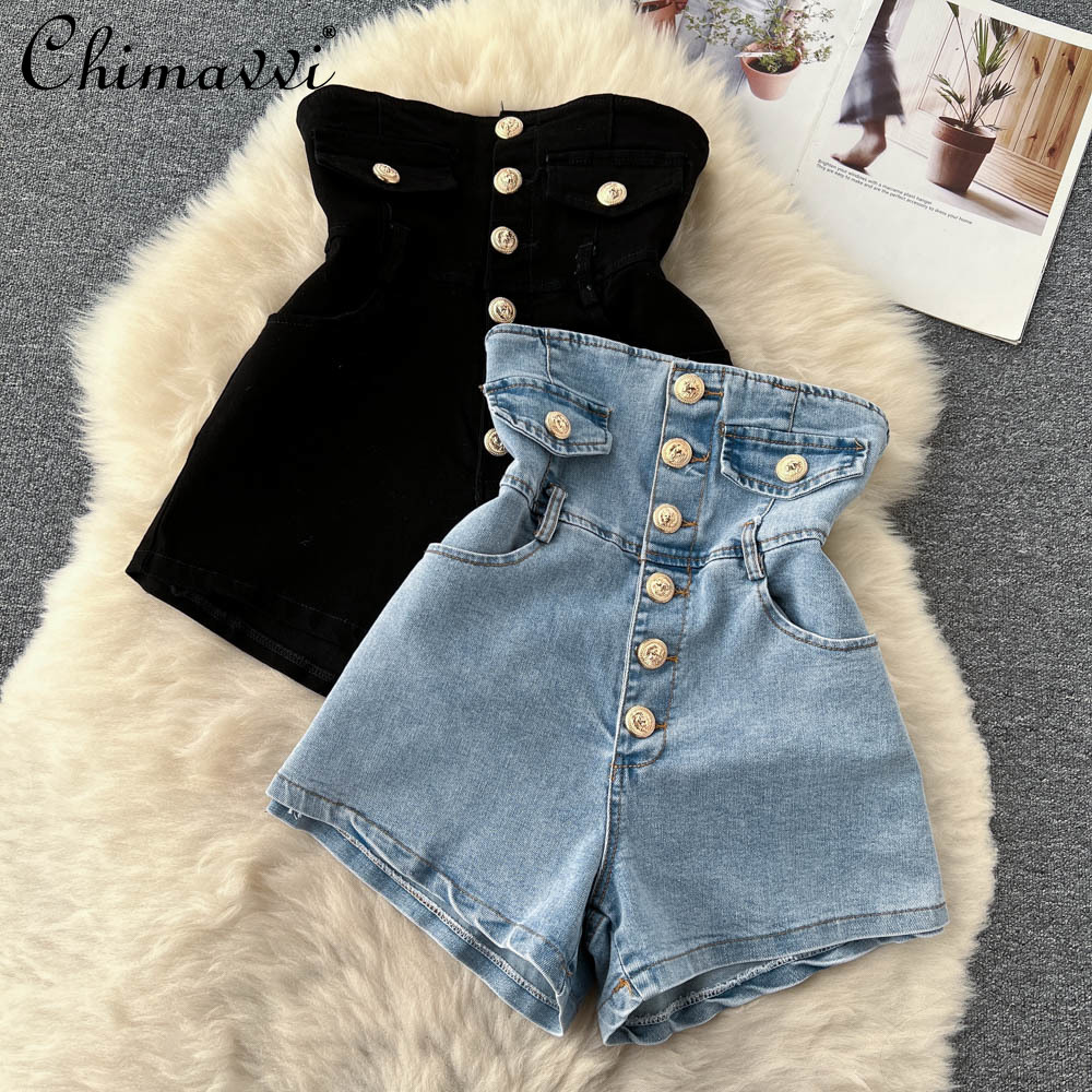 All-Matching Solid Color Single-Breasted Denim Shorts Female 2022 Summer New Fashion High Waist Wide Leg Pants for Women